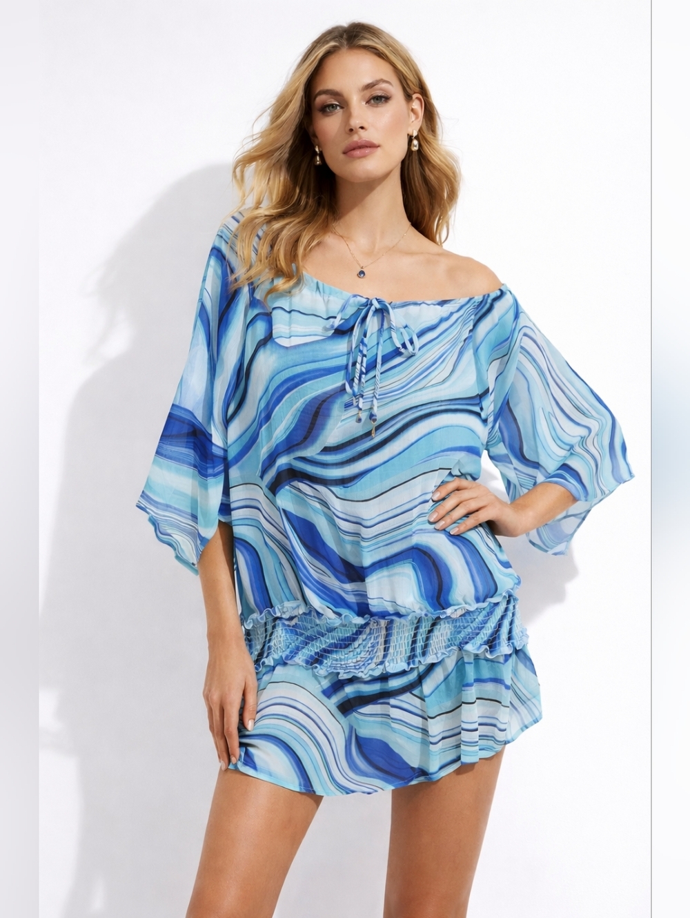 Blue Abstract Print Swim Cover Up Smocked Waist Resort Boho Tunic resortwear M
